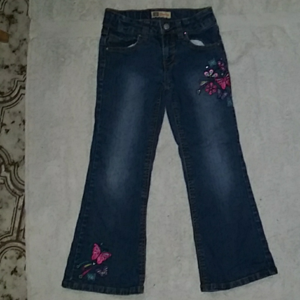 Girls stretch blue jeans with butterfly embroidery